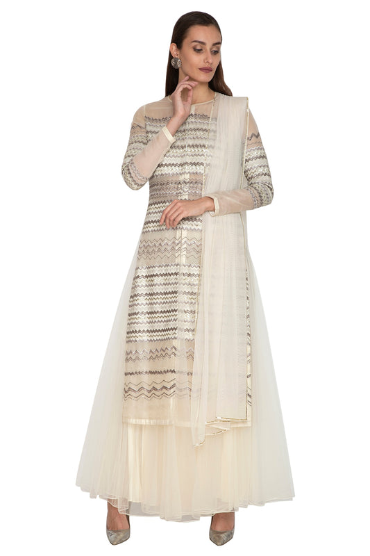 White Front Open Embroidered Kurta Set