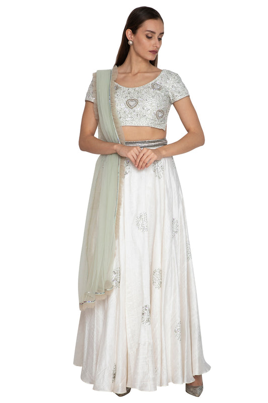 White Chanderi Embellished Lehenga Set