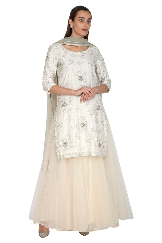 White Chanderi Embroidered Lehenga Set