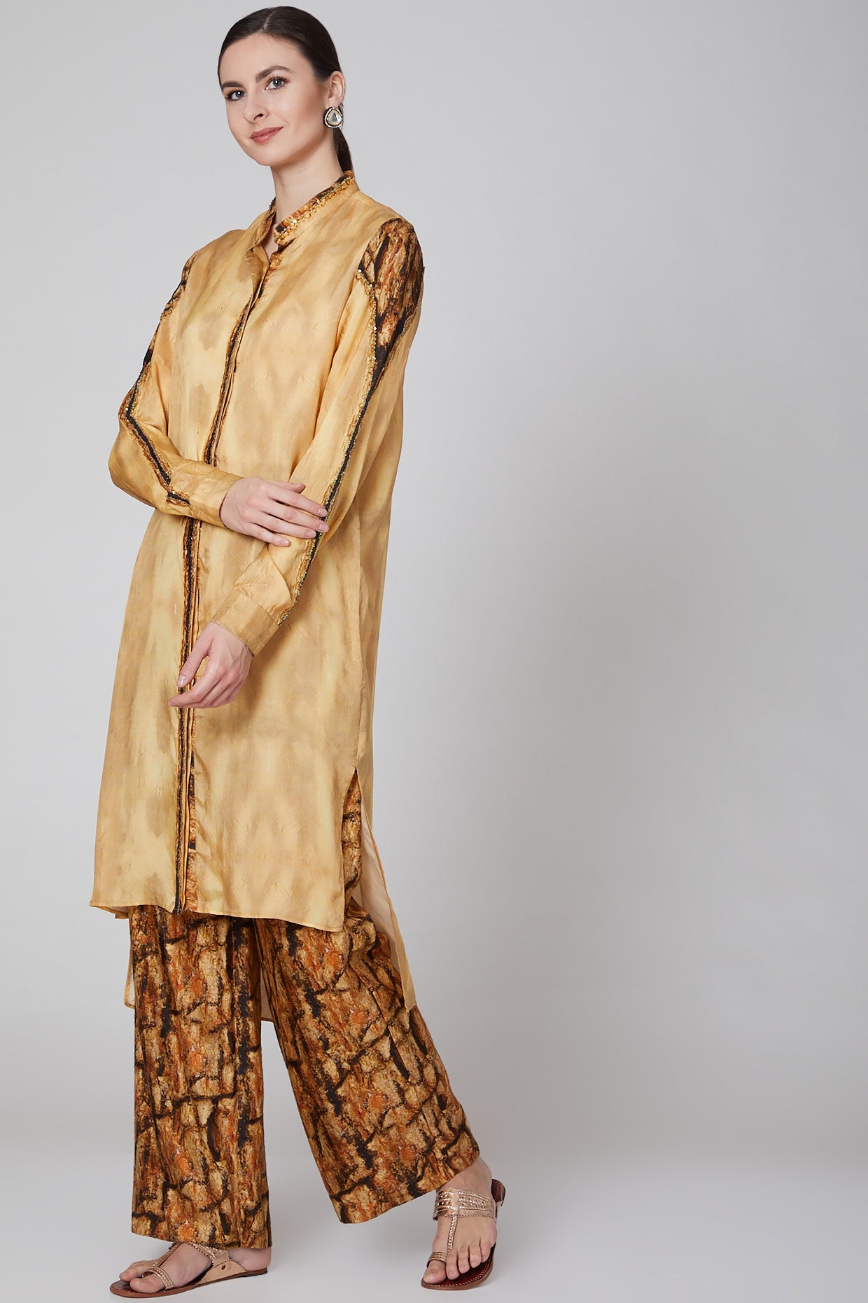 Gold Printed Tunic With Brown Pants