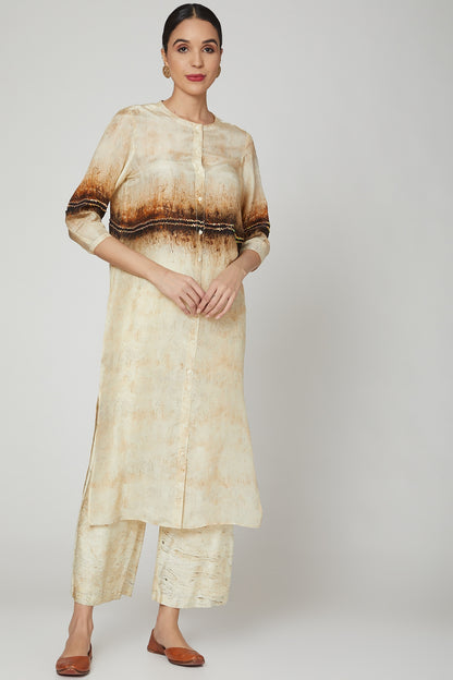 Beige & Brown Printed Tunic With Pants
