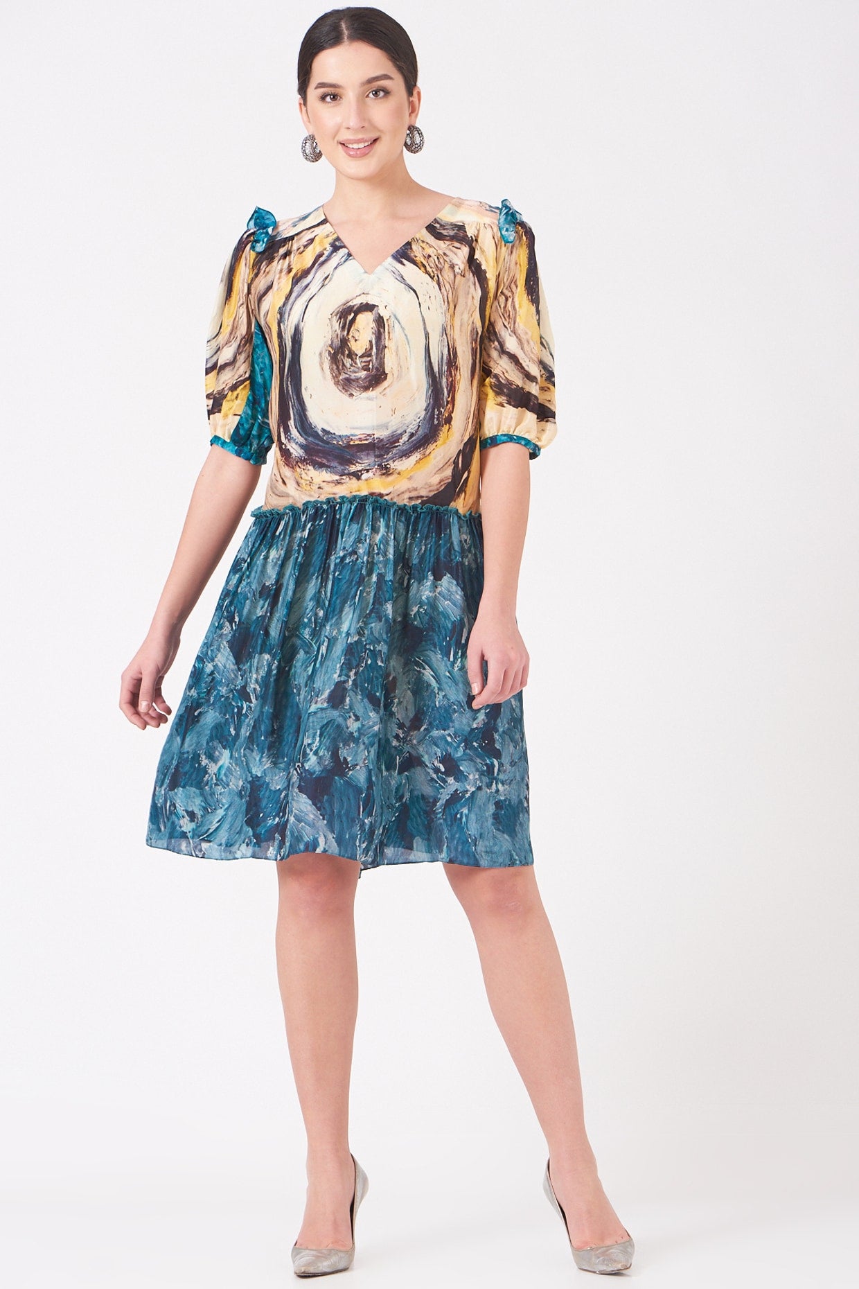 Pale Yellow And Blue Tunnel Print A-Line Dress