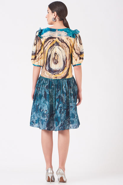 Pale Yellow And Blue Tunnel Print A-Line Dress