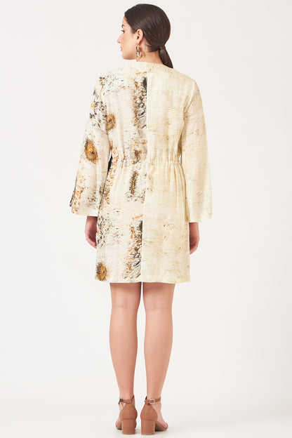 Beige And Gold Divine Print Short Tunic Dress