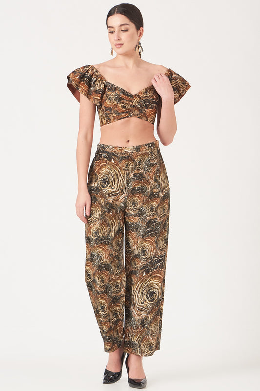 Brown And Gold Blackhole Print Crop Top And Pants Coord Set