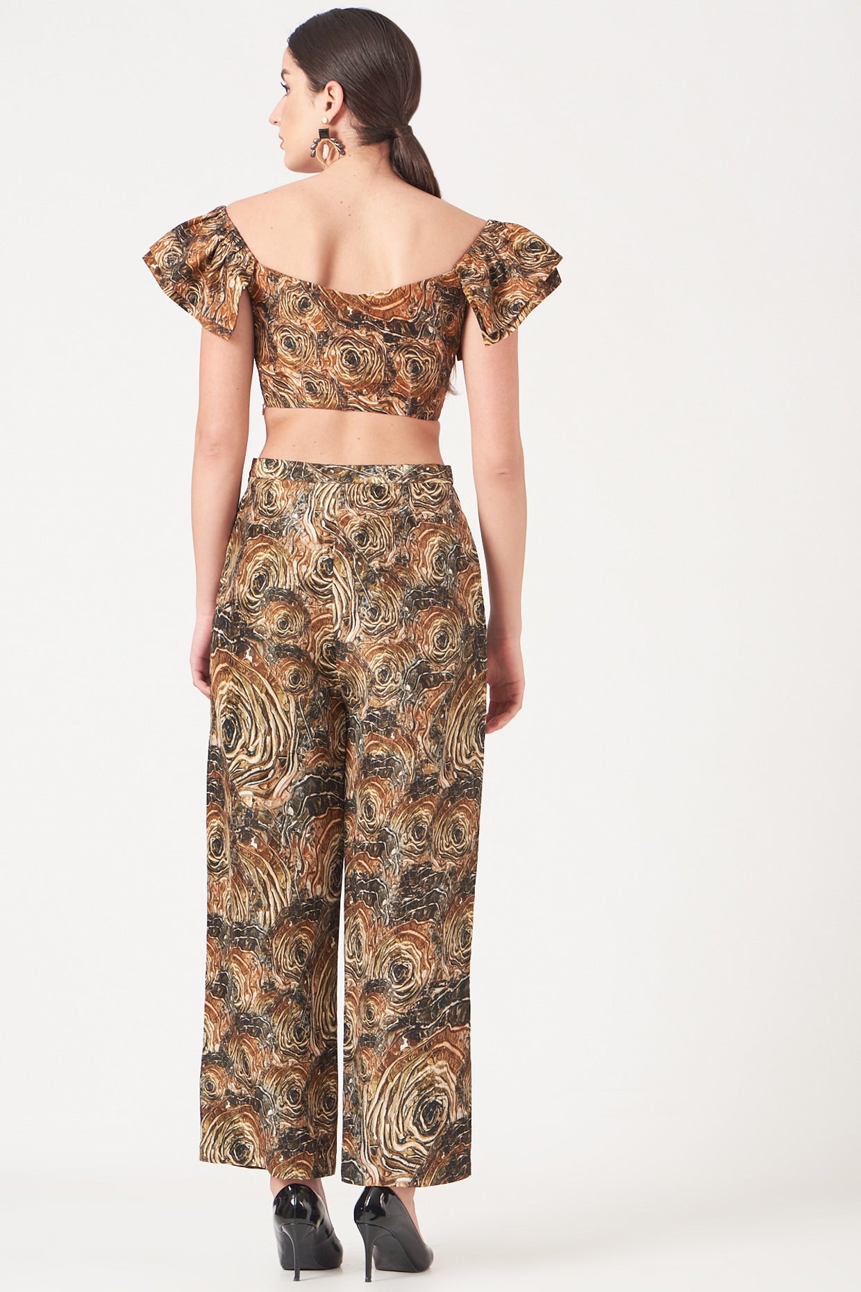 Brown And Gold Blackhole Print Crop Top And Pants Coord Set