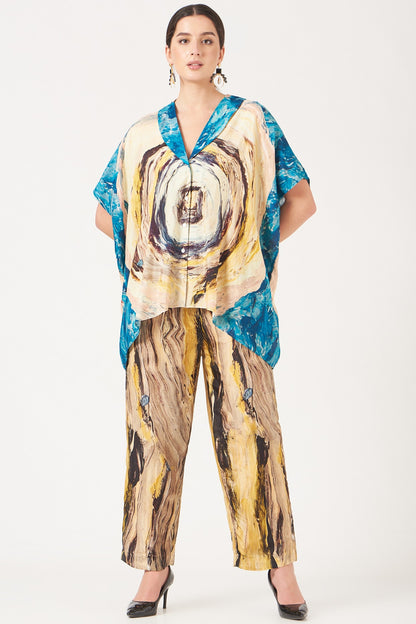 Pale Yellow And Blue Tunnel Print Kaftan Top And Pants Coord Set