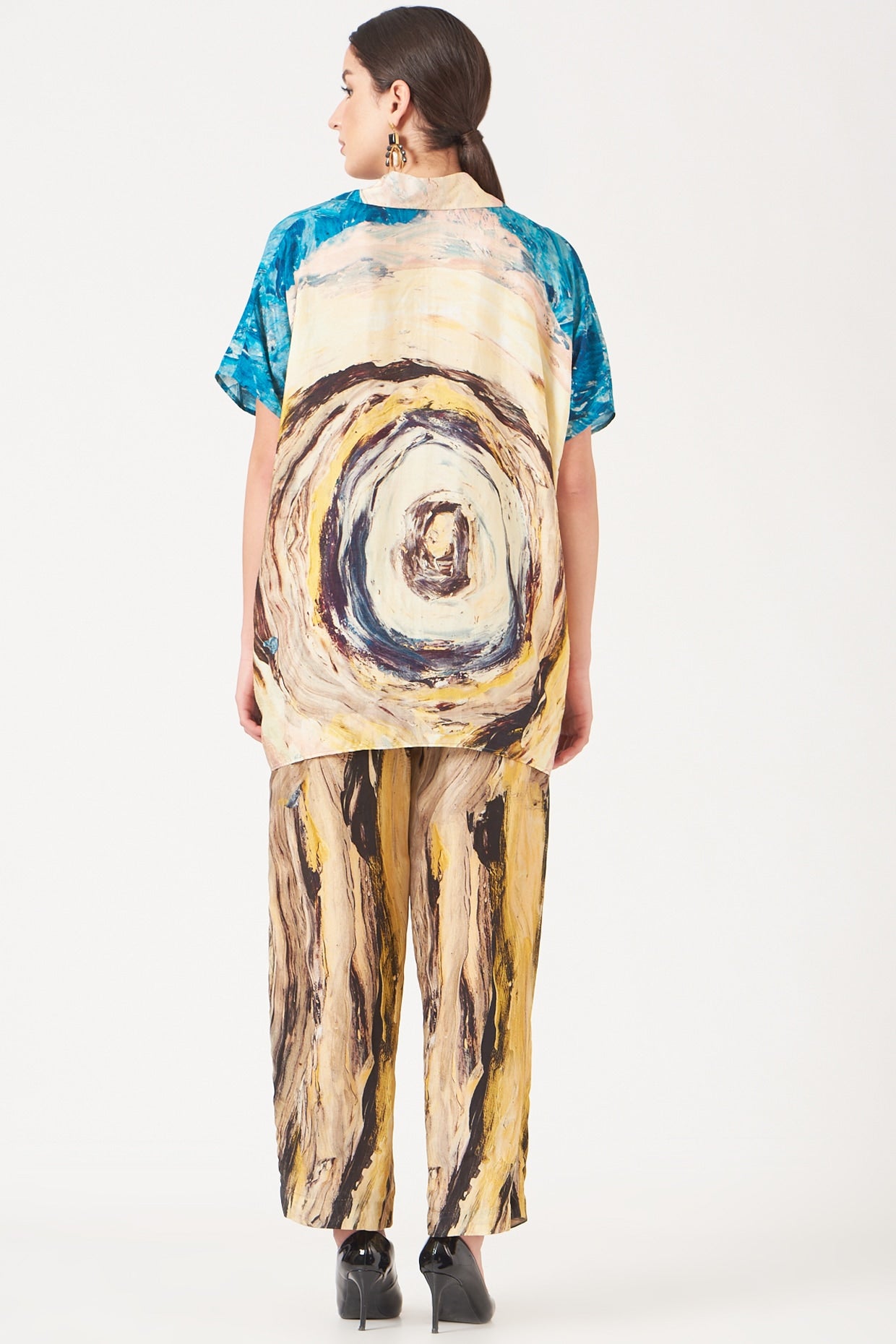 Pale Yellow And Blue Tunnel Print Kaftan Top And Pants Coord Set