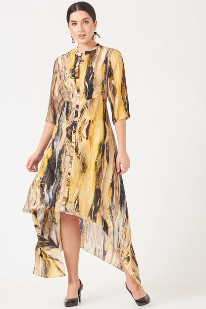 Yellow And Deep Blue Maya Print A-Line Tunic Dress