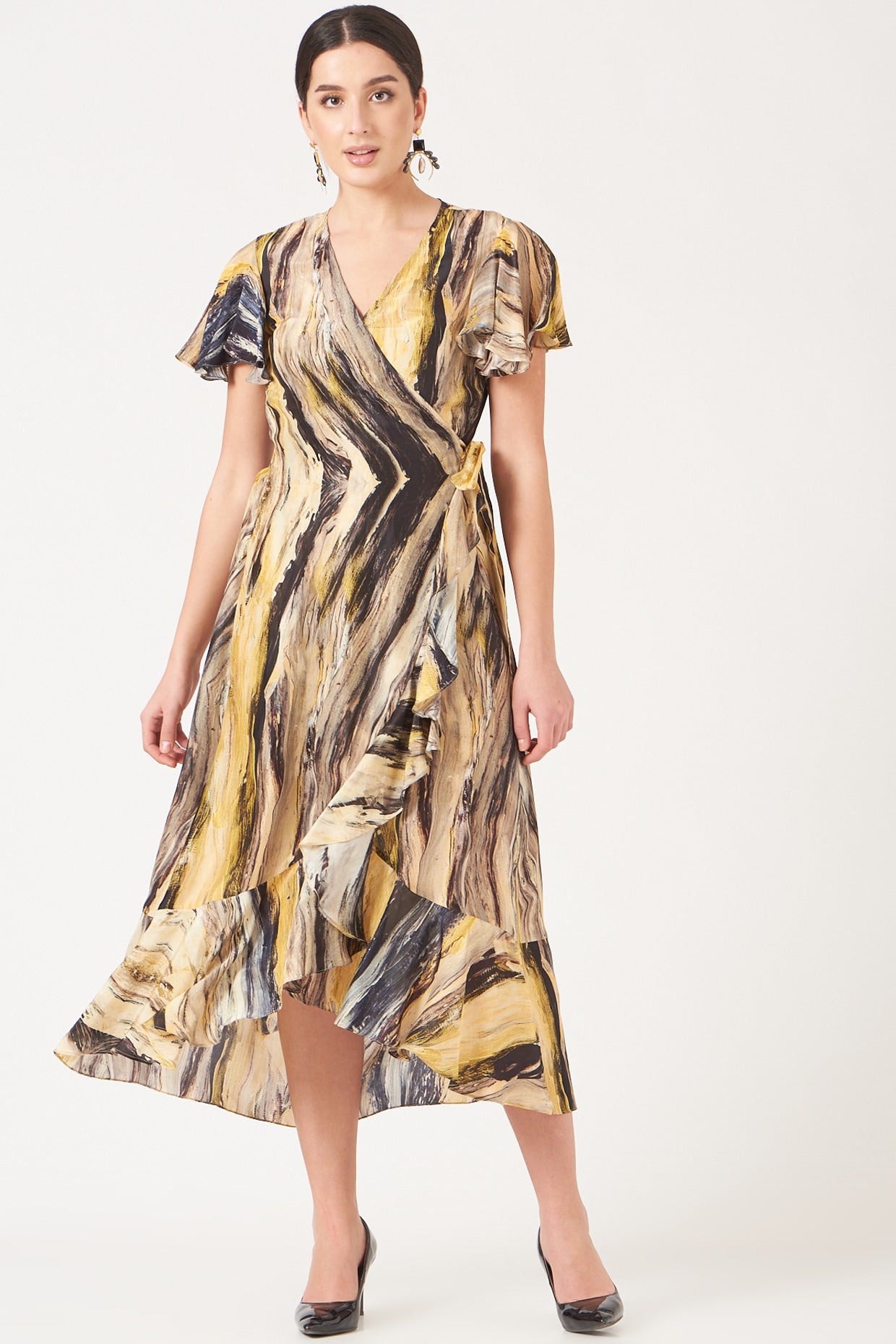 Yellow And Deep Blue Maya Print A-Line Overlap Ruffle Dress