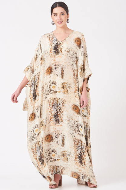 Beige And Gold Divine Print Long Kaftan