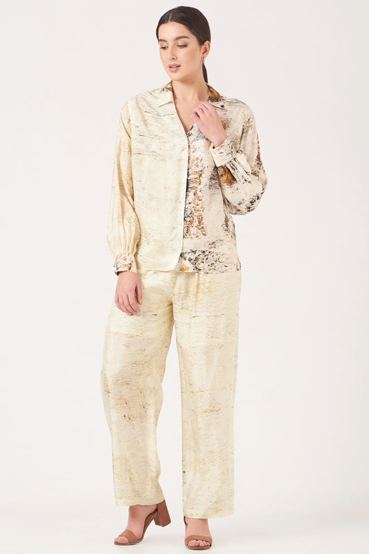 Beige And Gold Divine Print Top And Pants Coord Set.