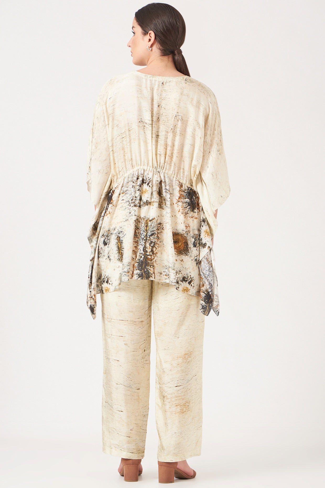 Beige And Gold Divine Print Top And Pants Coord Set.