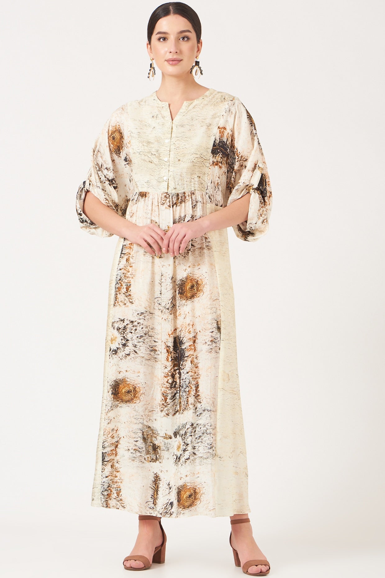 Beige And Gold Divine Print Long Tunic Dress