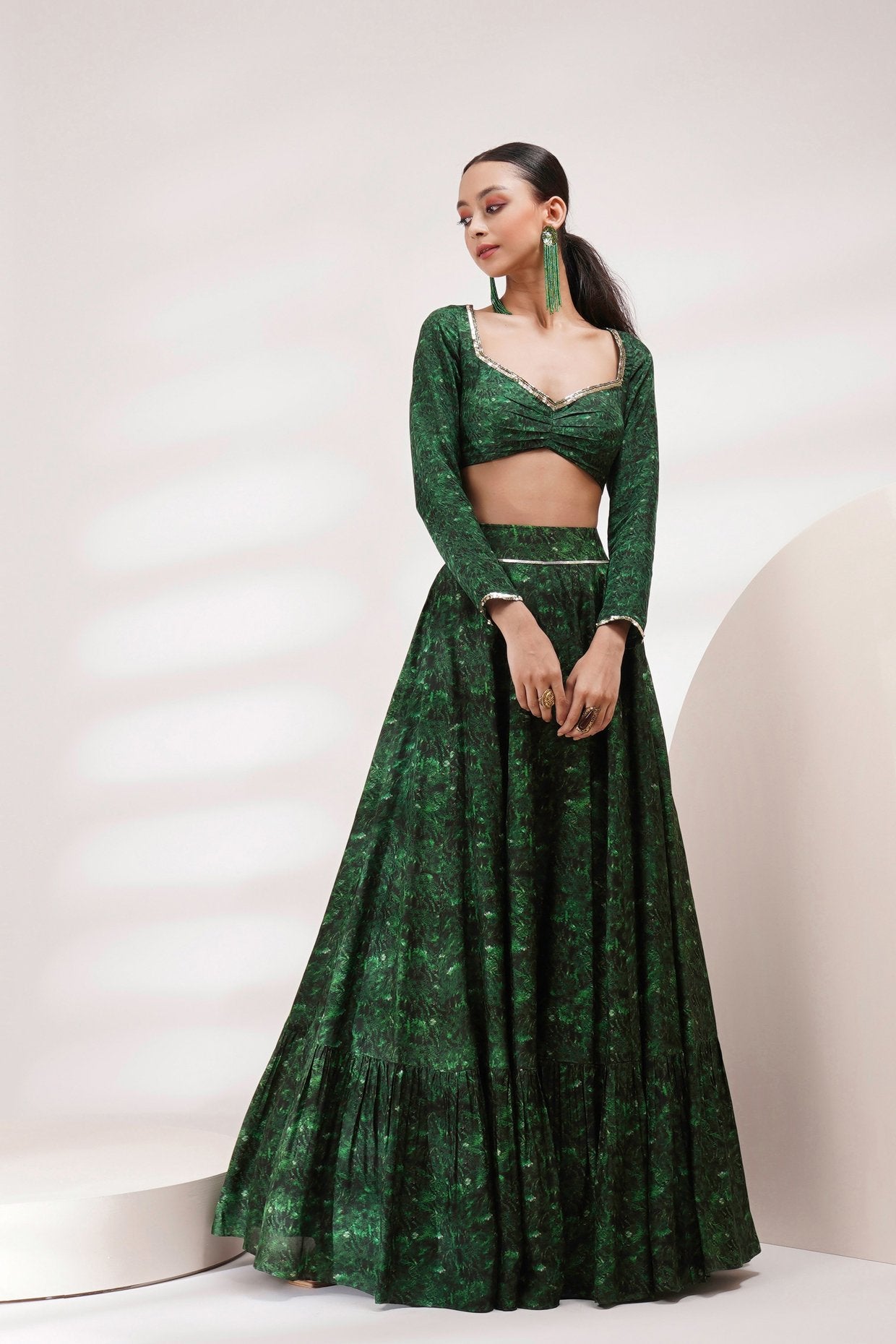 Buy Neon Green Crepe Full Sleeve Crop Top With Lehenga And Dupatta by  Designer ITRH Online at Ogaan.com
