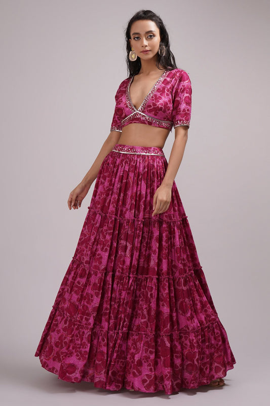 Purple Pink Deep Neck Blouse And Lehenga Set