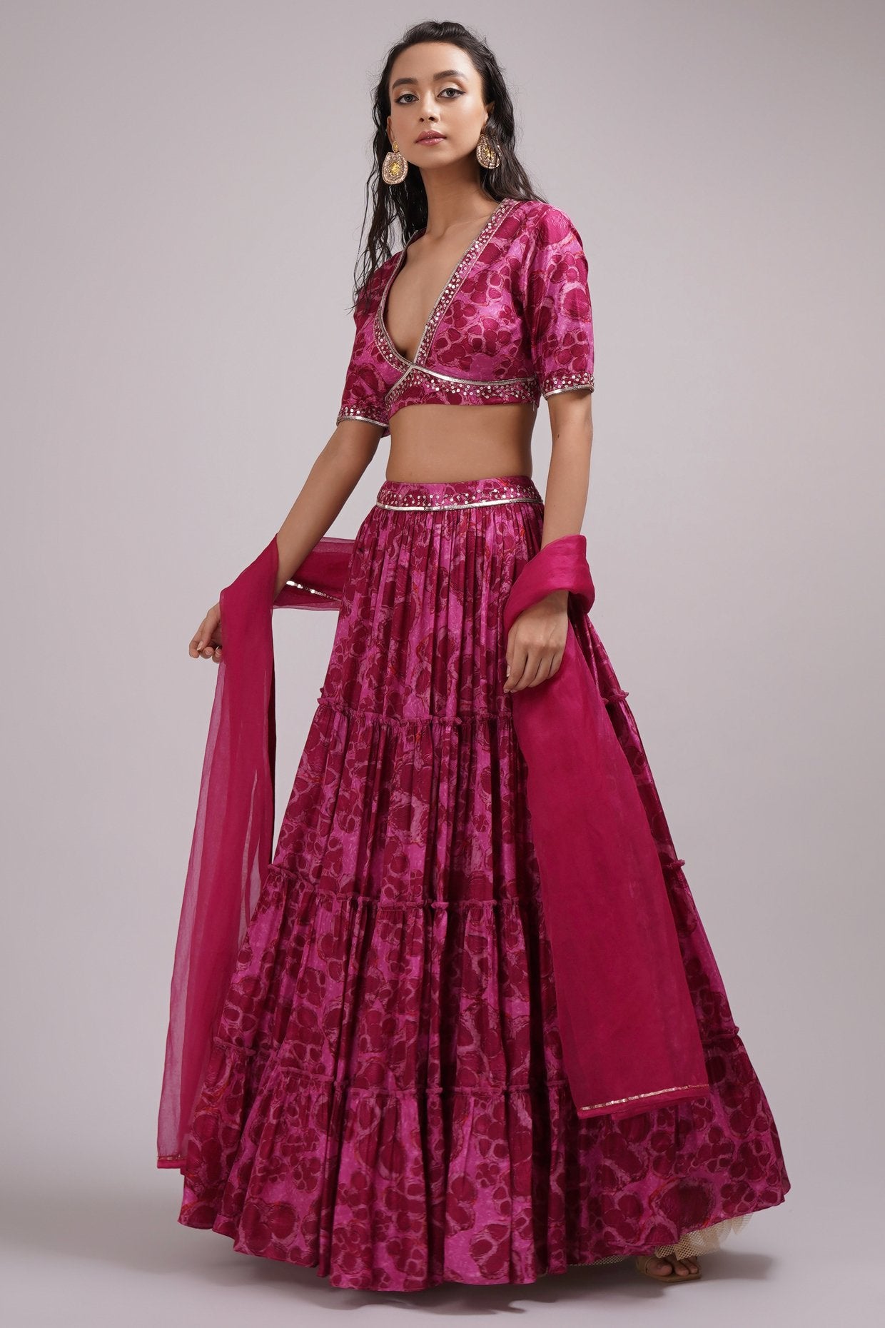 Purple Pink Deep Neck Blouse And Lehenga Set