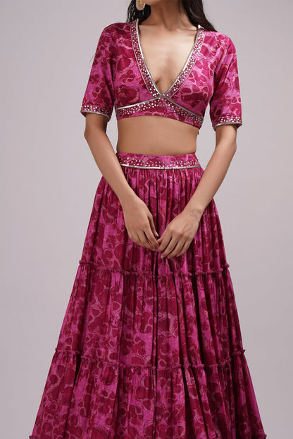 Purple Pink Deep Neck Blouse And Lehenga Set