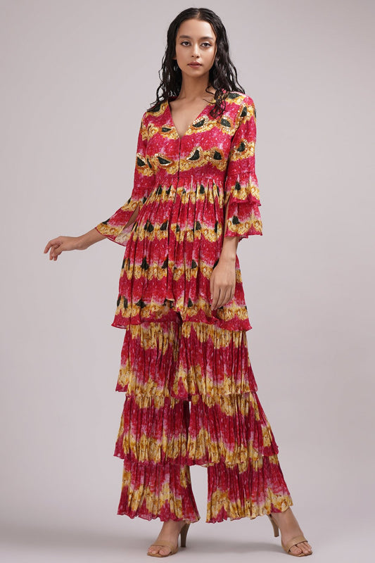 V-Neck Frilly Short Kurta And Sharara Set