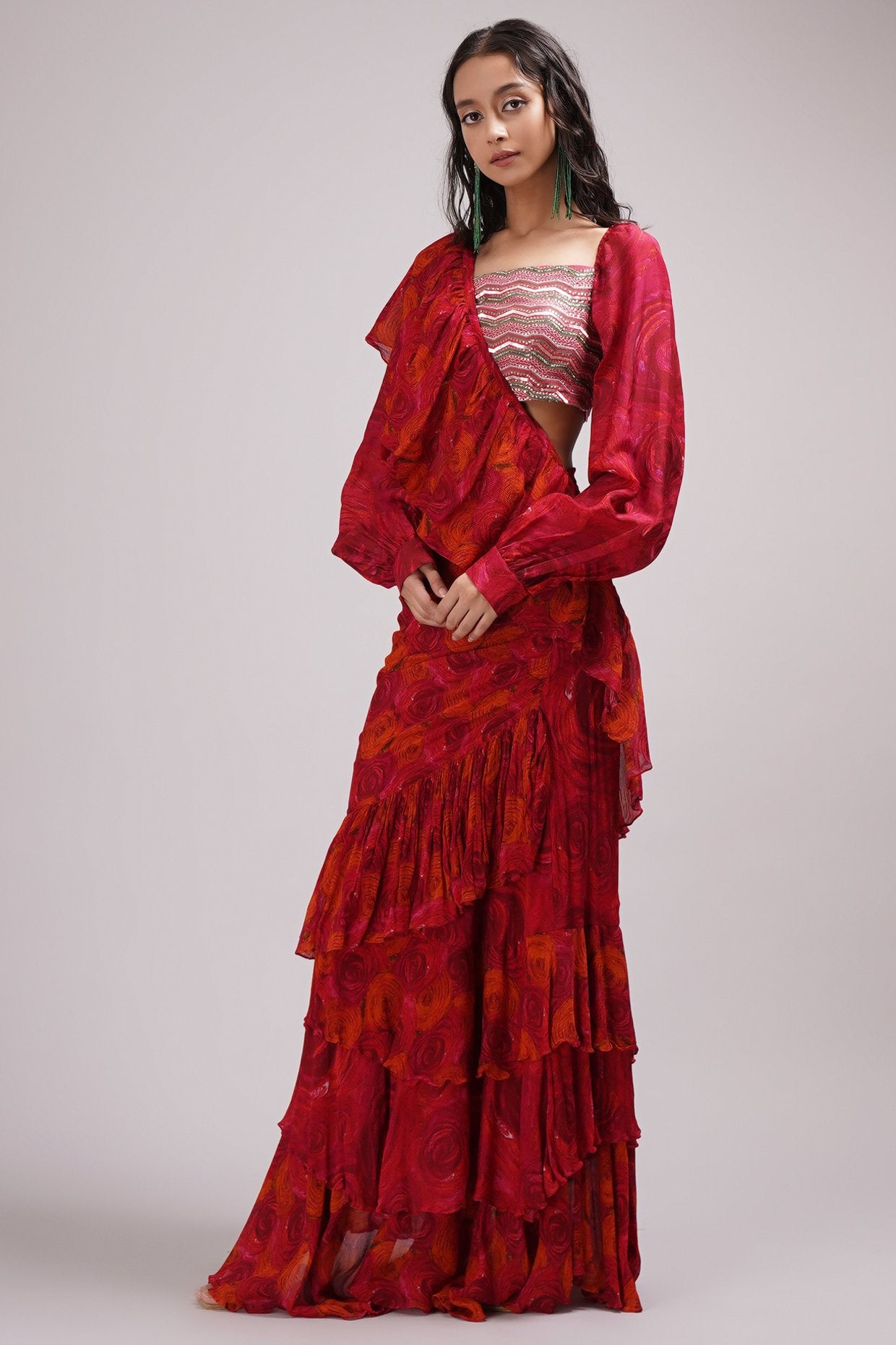 Red Draped Ruffle Saree | WaliaJones