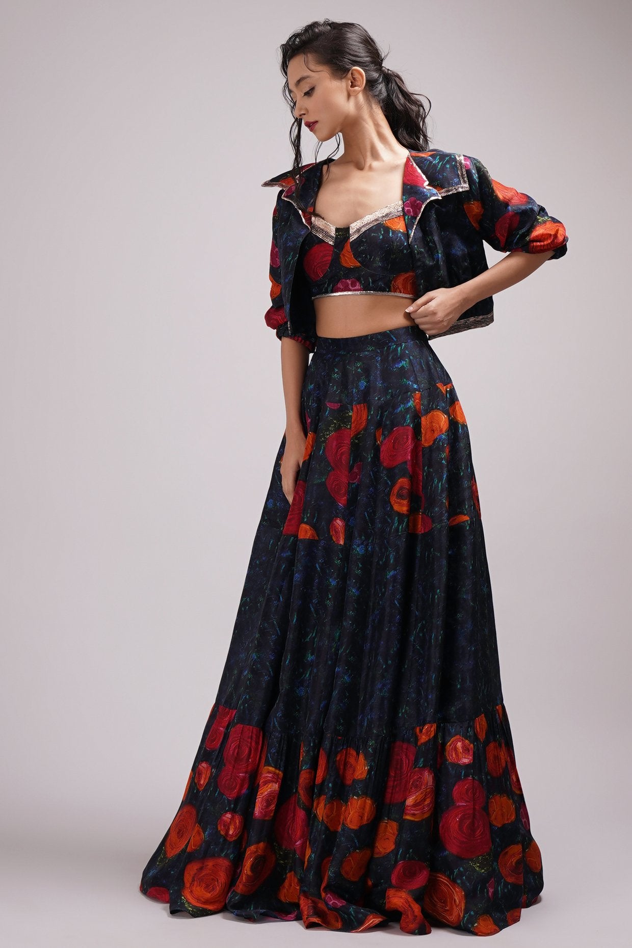 Abstract Floral Bow Blouse Skirt With Embroidered Jacket | Bhumika Sharma –  KYNAH