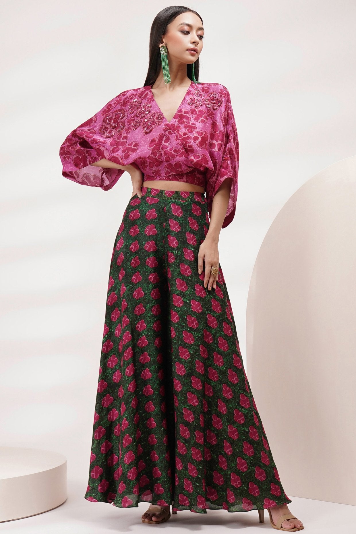 BLUE CROPTOP WITH BLUE LEAF PRINT ATTACHED DRAPE WITH SHARARA PANTS & –  Studio East6