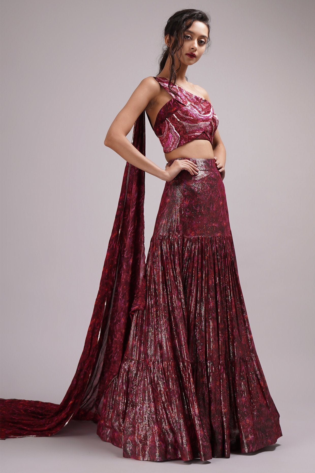 One Shoulder Cape Style Blouse And Embroidered Lehenga – Saris and Things