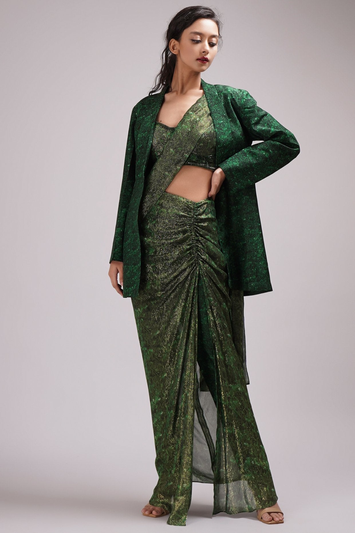 Fusion Style Jacket Drape Pant Saree Set
