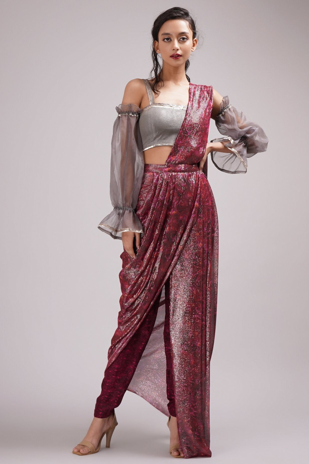 Buy Wine Chinon Embroidered Sequin Round Pant Saree With Cutdana Blouse For  Women by Alaya Advani Online at Aza Fashions.