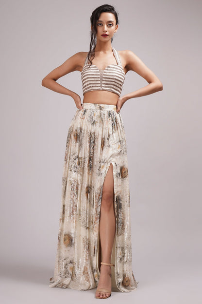 Fusion Style Halter Neck Blouse And Side Slit Skirt/Lehenga Set