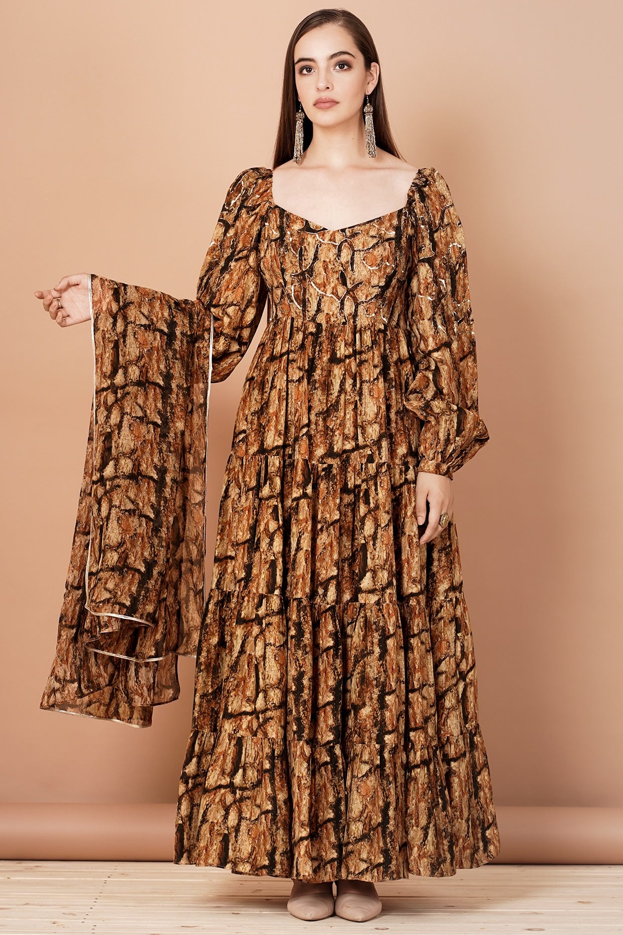 Gold & Brown Printed Gown With Stole