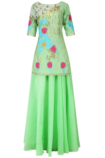 Peppermint Embroidered Short Kurta With Palazzo Set