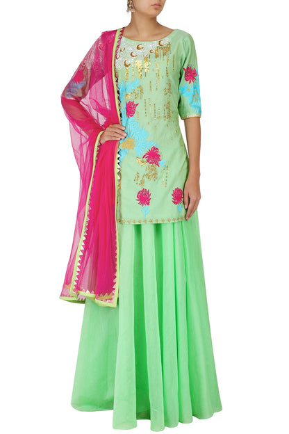 Peppermint Embroidered Short Kurta With Palazzo Set