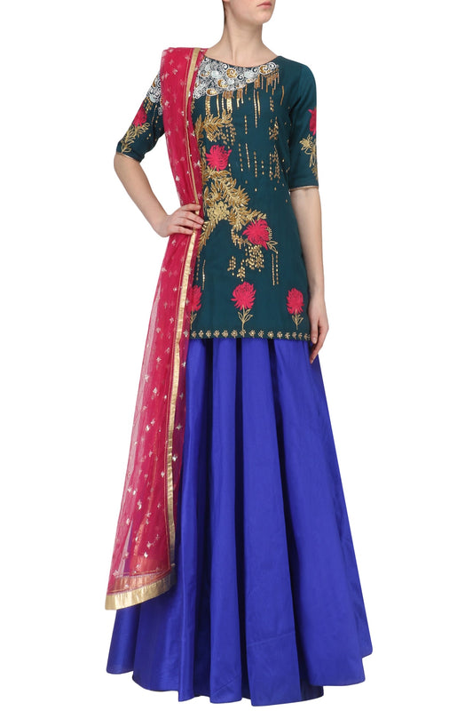 Navy Embroidered Short Kurta With Lehenga Set