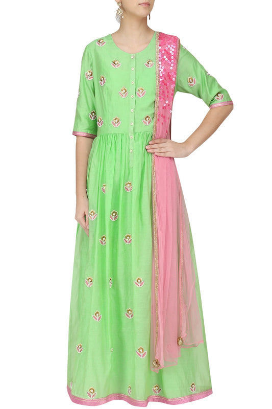 Mint And Pink Floral Embroidered Kalidaar Set