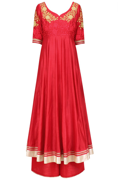 Red Floral Embroidered Anarkali And Palazzo Pants Set