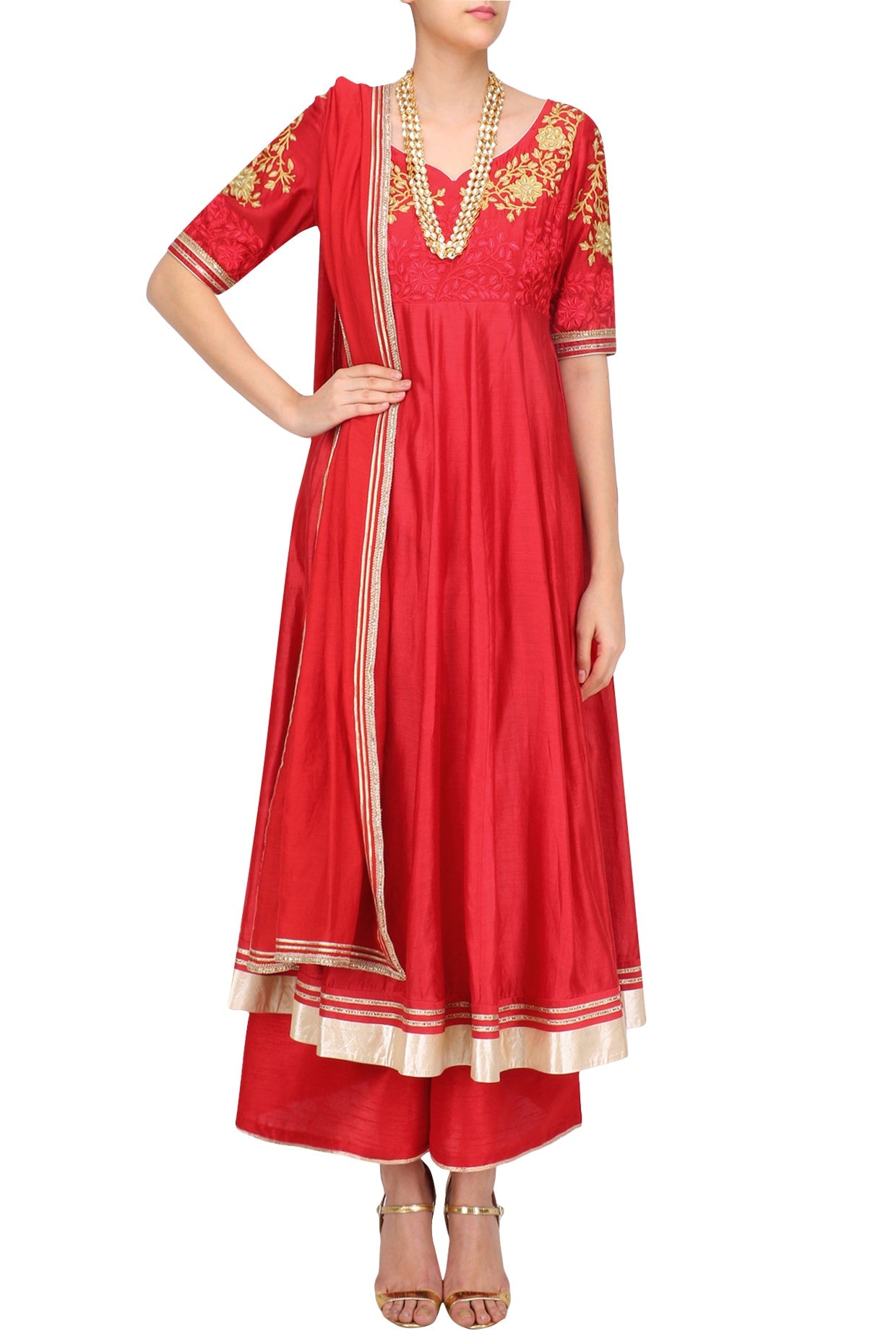 Red Floral Embroidered Anarkali And Palazzo Pants Set