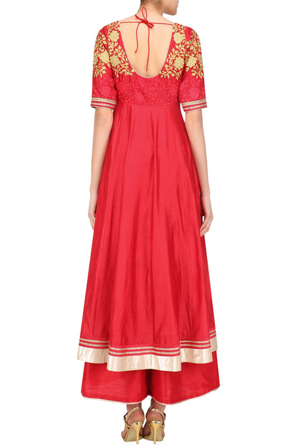 Red Floral Embroidered Anarkali And Palazzo Pants Set